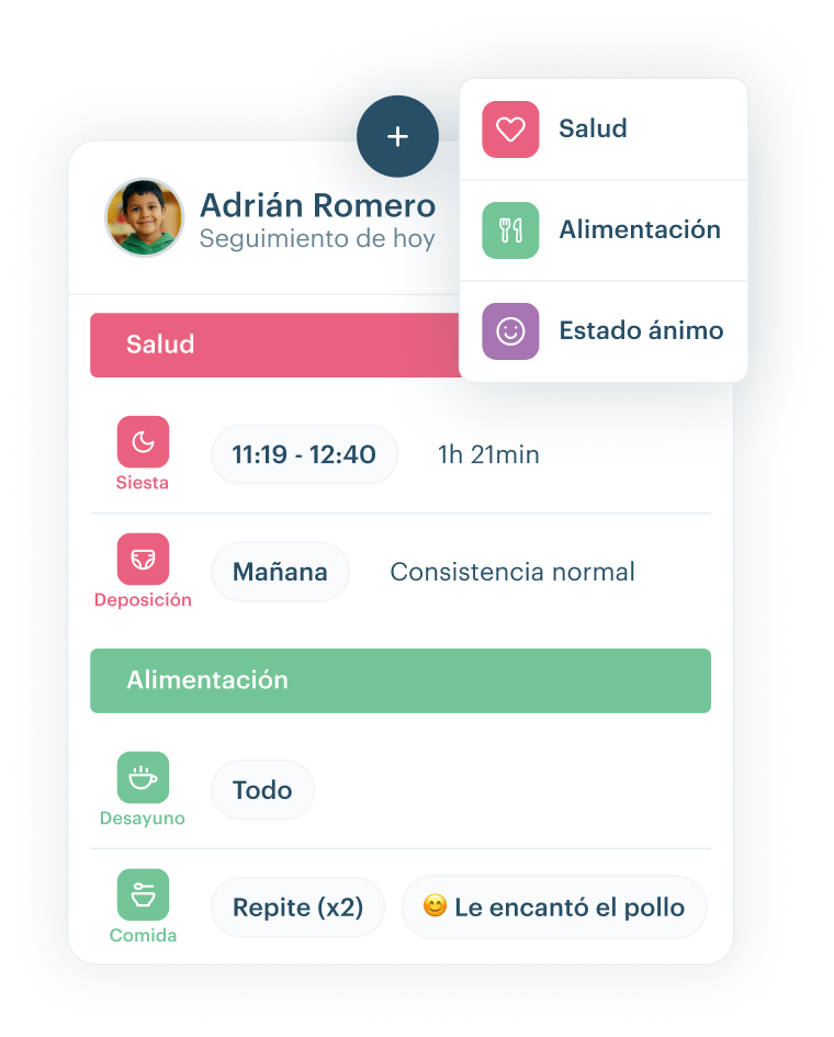 Panel de KinderUp mostrando el registro de actividades diarias con seguimiento de alimentación, siesta y estado de ánimo