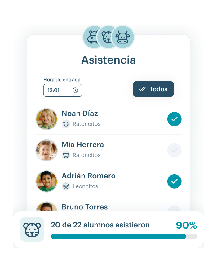 Interfaz de KinderUp mostrando el control de asistencia con listado de alumnos, hora de entrada y registro masivo