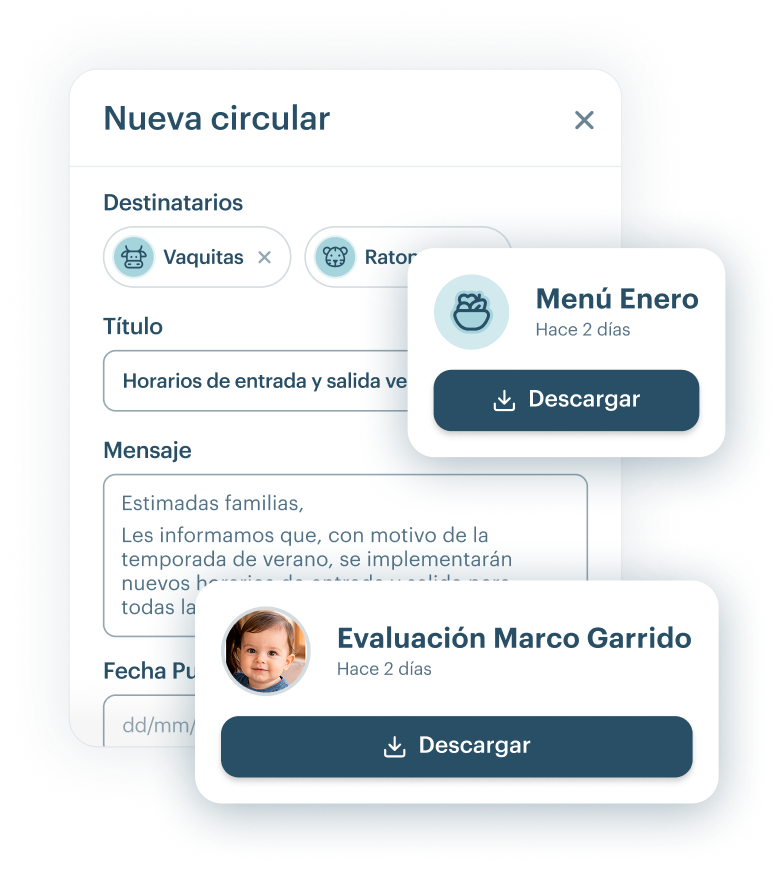 Panel de gestión de circulares de KinderUp mostrando formulario de nueva circular con destinatarios, título, mensaje y adjuntos