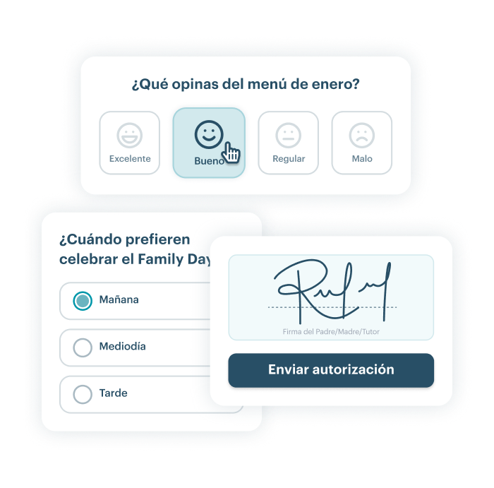 Interfaz de KinderUp mostrando formularios de encuesta y firma digital para autorización de excursión