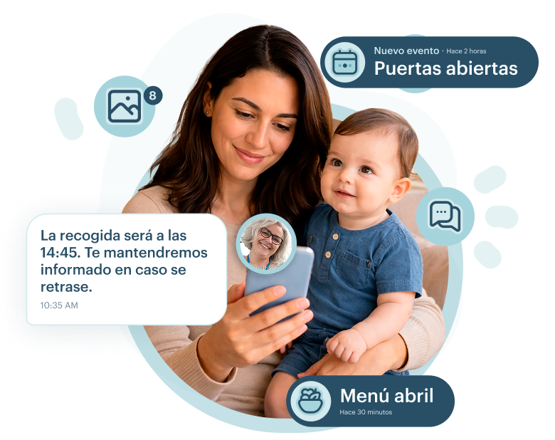 Interfaz de la app KinderUp mostrando un chat entre educadora y familia con mensajes, notificaciones y recordatorios