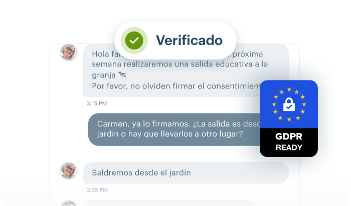 Interfaz segura de KinderUp con badge de verificación mostrando datos protegidos según RGPD