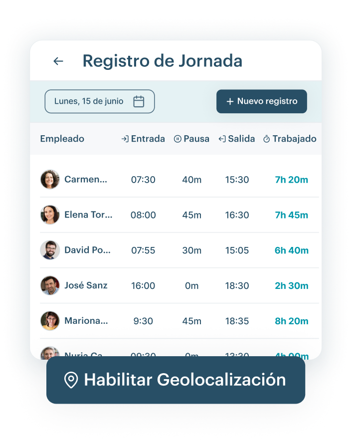 Interfaz de KinderUp mostrando registro de jornada conforme a normativa