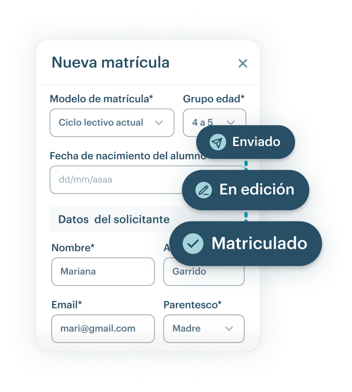 Interfaz de KinderUp mostrando la solicitud de matrícula online que reciben las familias