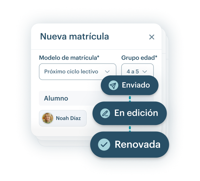 Interfaz de KinderUp mostrando la renovación de matrículas con formulario de actualización