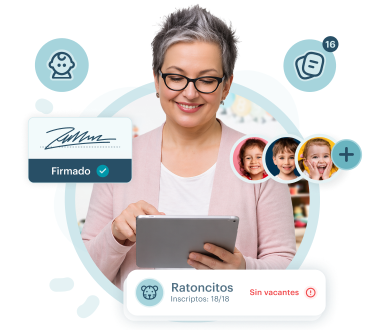 Interfaz de la app KinderUp mostrando el proceso de matriculación online con formularios personalizables