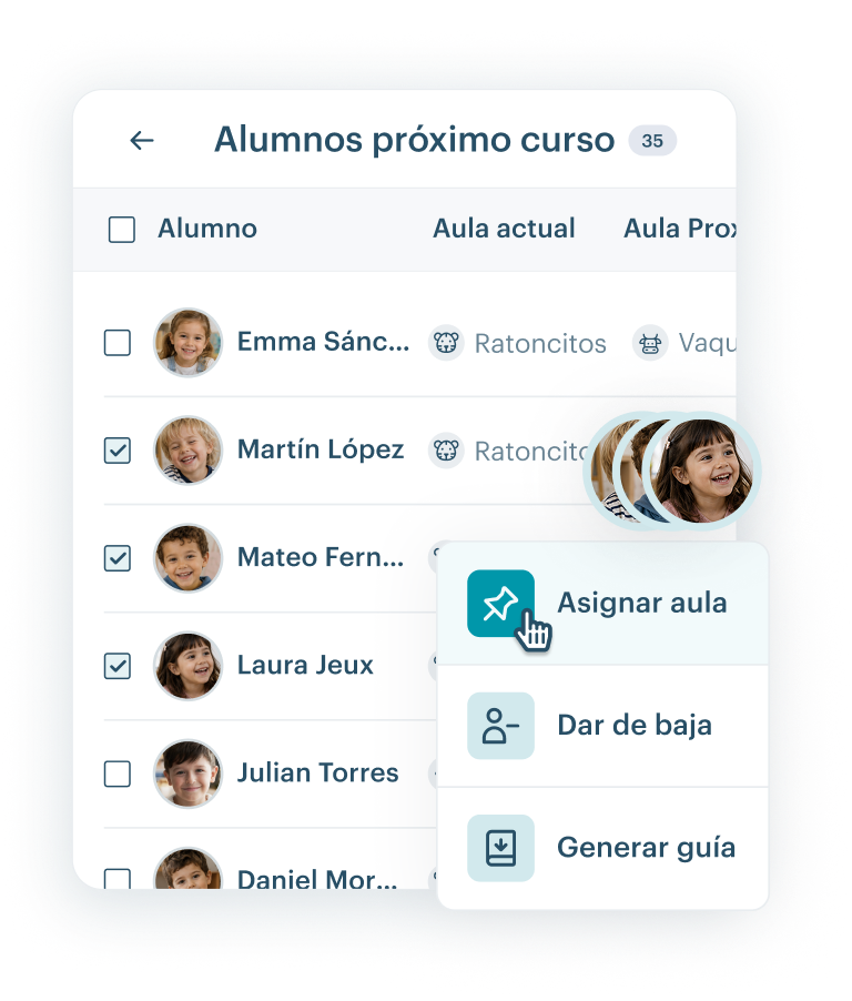Interfaz de KinderUp mostrando gestión colaborativa del curso sin Excel