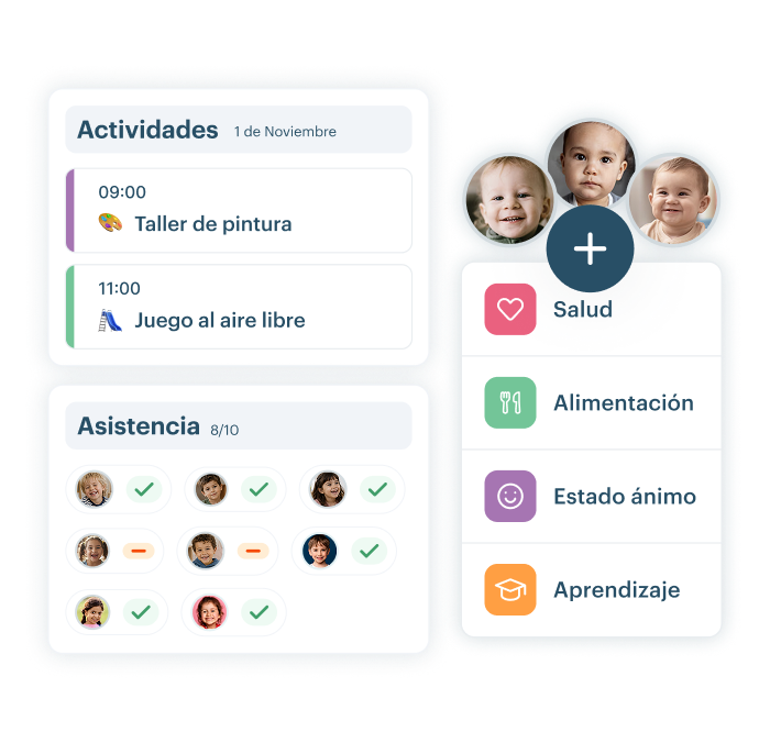 Pantallas de agenda digital de KinderUp con actividades del día, asistencia y registros de salud, alimentación y aprendizaje