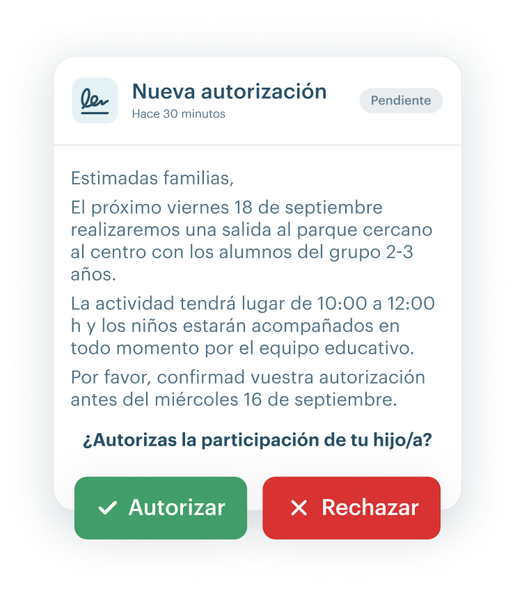 Solicitud de autorización digital en KinderUp con la respuesta de las familias
