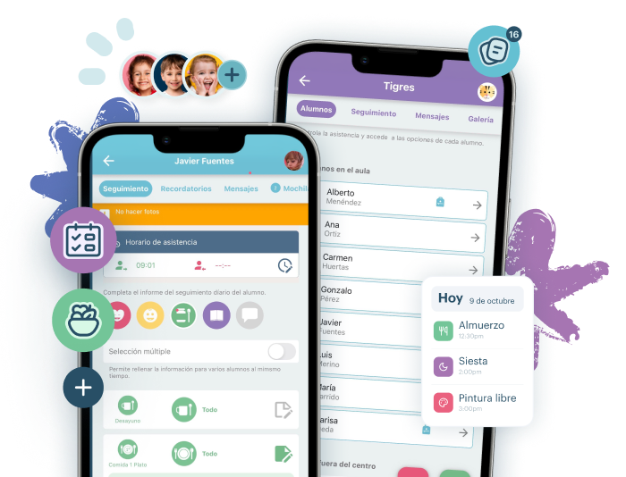 App de KinderUp en dos móviles con seguimiento del alumno, asistencia y agenda del día