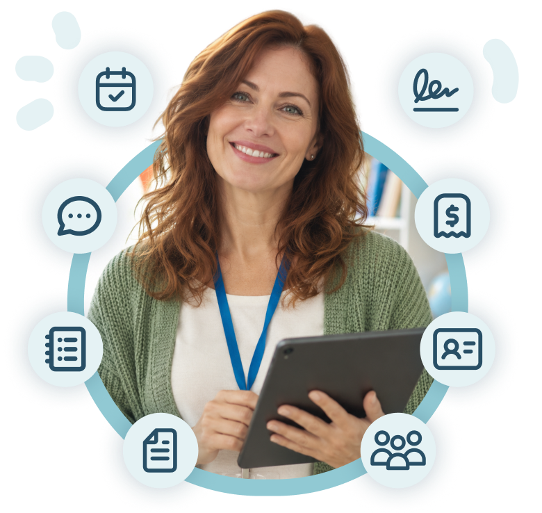 Educadora con una tablet rodeada de los iconos de las funcionalidades de KinderUp