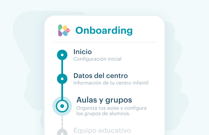 Interfaz de onboarding de KinderUp mostrando los pasos de configuración inicial del centro